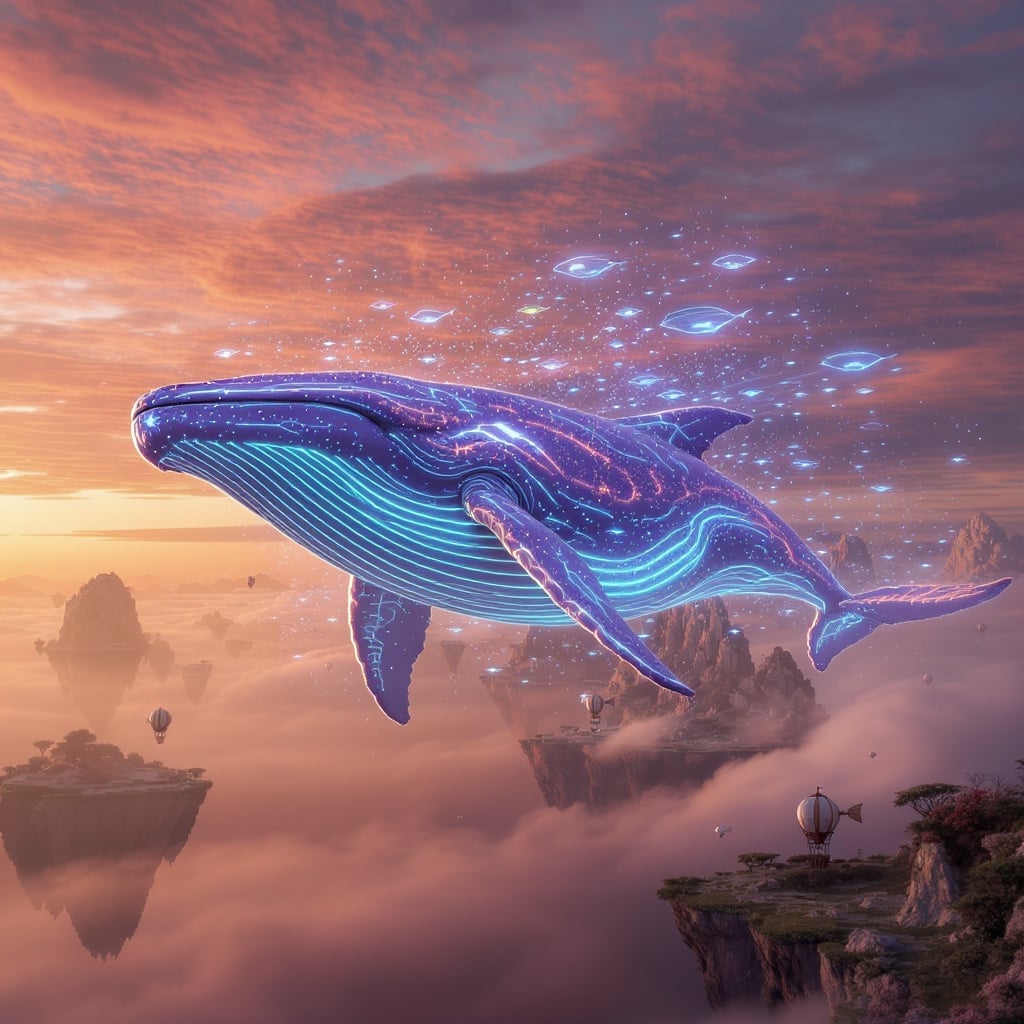 Giant glowing whales flying gracefully through a colorful sunset sky above floating islands, small airships traveling ne