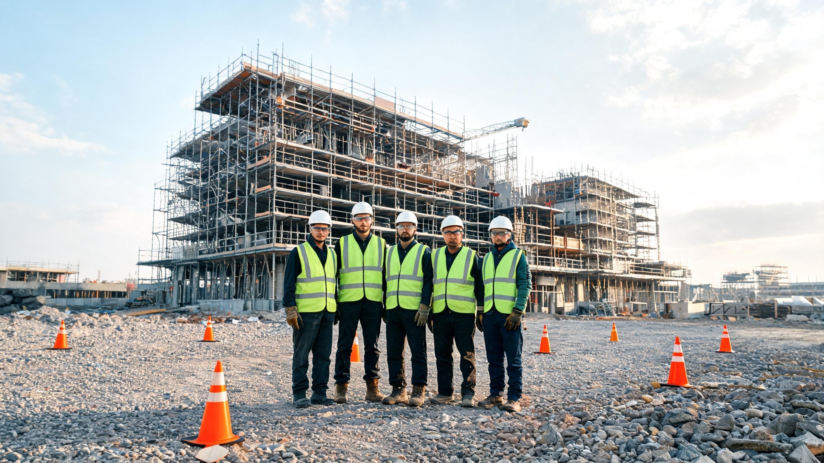 Create an image for an industrial services brochure that features an active construction site as the background. The sce