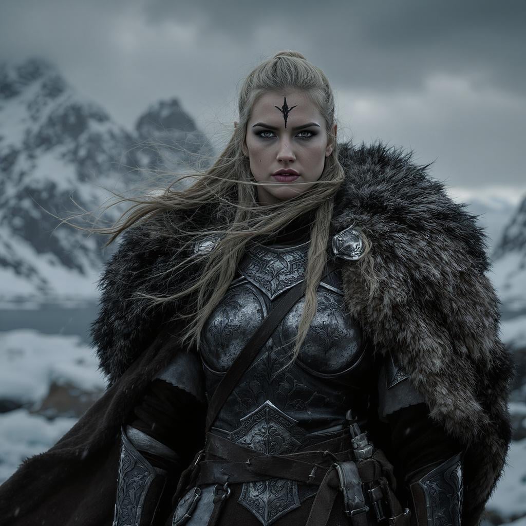 A fierce female Viking warrior standing confidently in a dramatic Nordic landscape. She wears authentic Viking armour ma