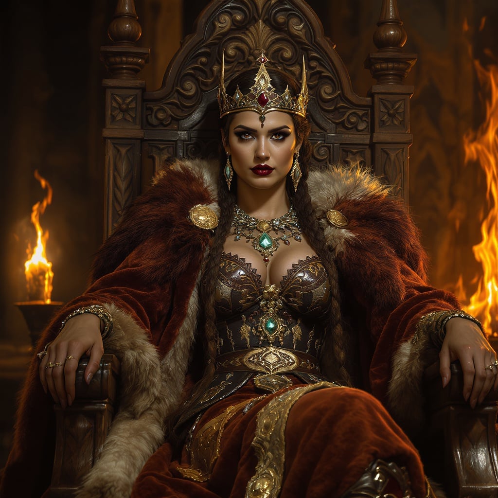 A powerful Viking queen seated on a carved wooden throne inside a great hall, wearing a fur-lined cloak and ornate crown