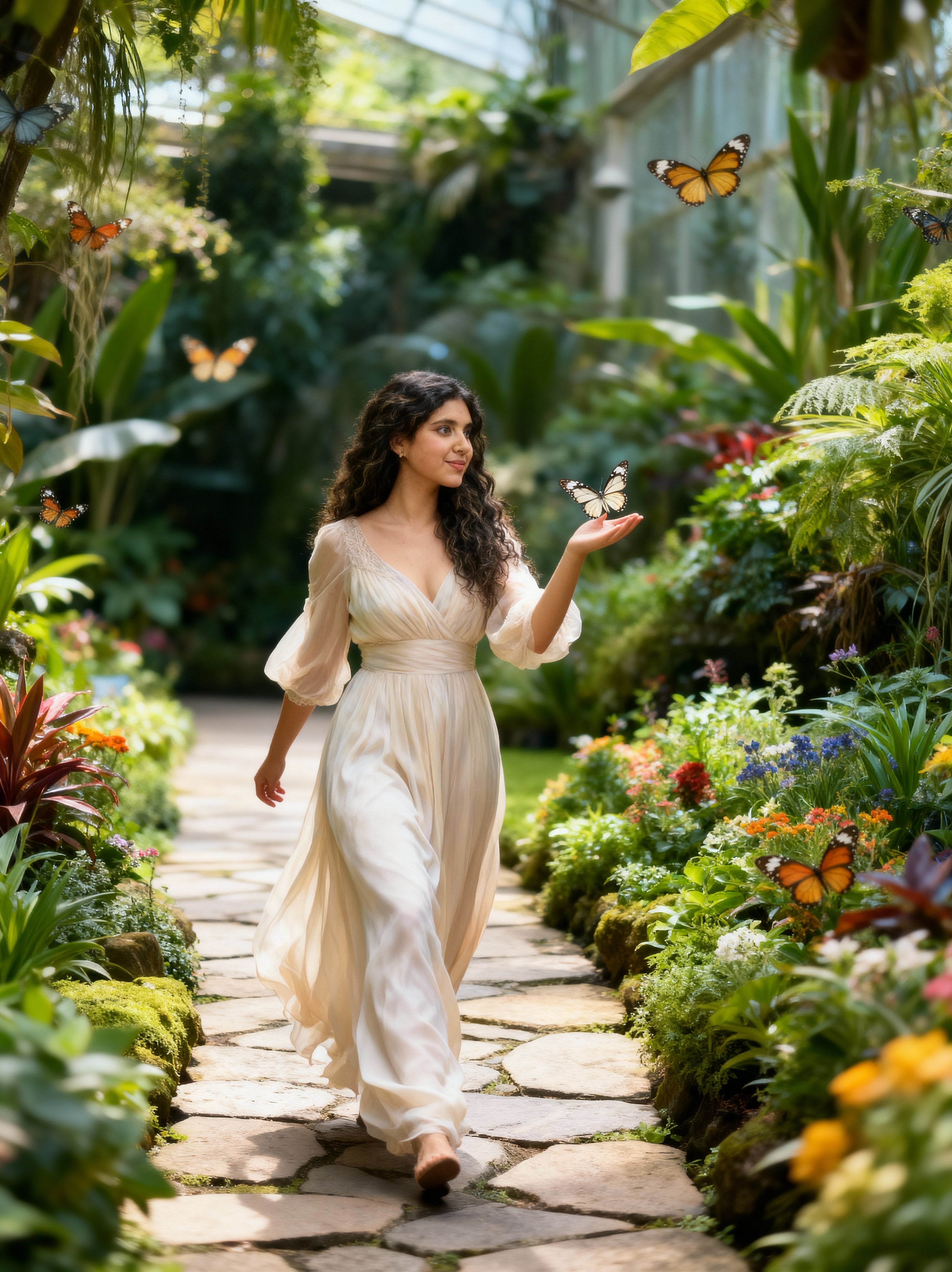Transform the person from the reference image into a graceful figure walking through a lush butterfly garden. She is mid