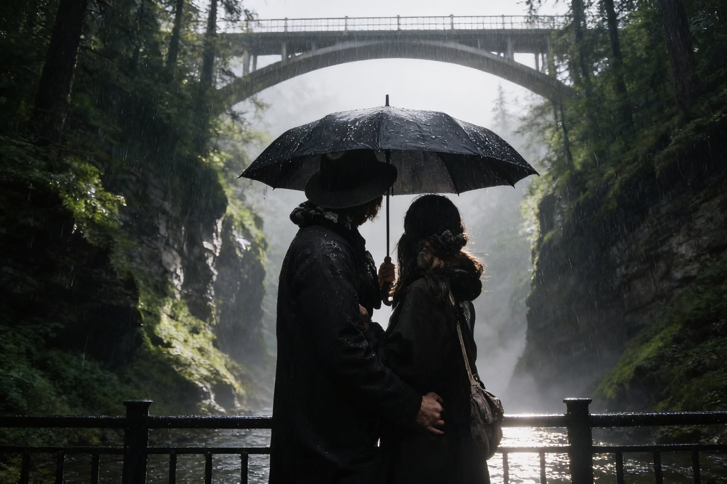 A cinematic photorealistic image of a couple standing in a forest canyon with a bridge above, light rain falling, holdin